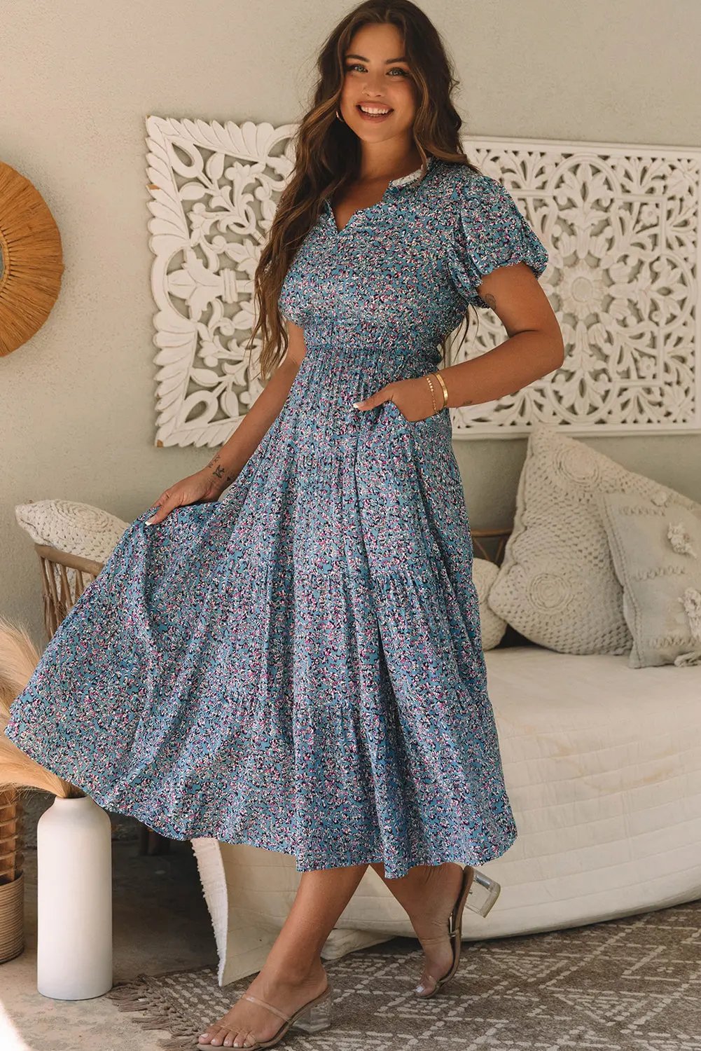 Helena Shirred Short Puff Sleeve Maxi Dress in Stylish Print - Love Salve